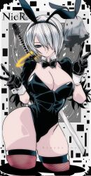 1girl 2b_(nier:automata) alternate_costume animal_ear_hairband animal_ears artist_name black_gloves black_hairband black_leotard blue_eyes breasts closed_mouth commentary copyright_name cowboy_shot detached_collar double_v fake_animal_ears fishnet_thighhighs fishnets gloves hair_over_one_eye hairband highres katana kinakomochi_(user_vedc2333) large_breasts leotard looking_at_viewer nier:automata nier_(series) playboy_bunny rabbit_ears rabbit_tail short_hair skindentation solo strapless strapless_leotard sword sword_on_back symbol-only_commentary tail thighhighs v virtuous_contract weapon weapon_on_back white_hair