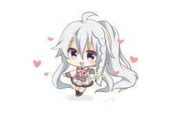 Rule 34 | 1girl, 9-nine-, :d, ahoge, belt, black socks, blush stickers, braid, chibi, chibi only, commentary, dress, frilled dress, frills, full body, green ribbon, grey belt, grey hair, hair between eyes, hair ribbon, hand up, happy, heart, highres, long hair, long sleeves, looking at viewer, niimi sora, open mouth, outstretched arm, pleated dress, purple eyes, ribbon, school uniform, side ponytail, sidelocks, signature, single braid, smile, socks, solo, standing, symbol-only commentary, tareme, ura (ura-tennislove), very long hair, white dress