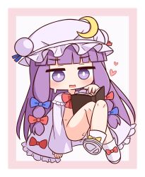 1girl blue_bow blush book boots border bow chibi crescent crossed_legs frills full_body hair_bow hana_kazari hat highres long_hair looking_at_viewer mob_cap open_book open_clothes open_mouth open_robe panties patchouli_day patchouli_knowledge pink_border purple_eyes purple_hair purple_hat purple_robe red_bow robe shoe_soles solo sweat touhou underwear very_long_hair wavy_mouth white_background white_boots white_panties yellow_bow