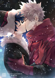 2boys 7th_popularity_poll_(boku_no_hero_academia) bakugou_katsuki black_coat black_hat blonde_hair blush boku_no_hero_academia capelet closed_eyes coat commentary_request freckles fur-trimmed_coat fur-trimmed_headwear fur_trim gloves green_eyes hat highres ho_(dotto615) kiss long_sleeves male_focus midoriya_izuku multiple_boys night outdoors profile red_capelet red_gloves red_scarf scarf short_hair snowing spiked_hair upper_body watermark yaoi