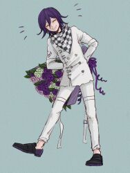 1boy arm_belt arms_behind_back blue_background blush bouquet buttons checkered_clothes checkered_scarf closed_eyes commentary danganronpa_(series) danganronpa_v3:_killing_harmony flipped_hair flower full_body grin hair_between_eyes highres holding holding_bouquet long_sleeves looking_at_viewer male_focus medium_hair multicolored_buttons oma_kokichi purple_hair scarf simple_background smile solo standing teeth thigh_strap two-tone_scarf yumyumyomi