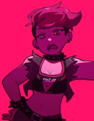 1girl belt black_belt black_choker black_shirt bracelet breasts choker cleavage crop_top danciingcosmos ear_piercing earrings eyelashes grey_jacket hand_on_own_hip jacket jewelry midriff navel nintendo open_clothes open_jacket open_mouth piercing pink_eyes pink_hair pokemon pokemon_swsh red_background shadow shirt short_hair simple_background sleeveless sleeveless_jacket small_breasts solo spiked_bracelet spiked_choker spikes team_yell team_yell_grunt teeth torn_clothes torn_jacket undercut very_short_hair