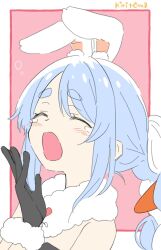 Rule 34 | 1girl, animal ear fluff, animal ears, bare shoulders, black gloves, black leotard, blue hair, blush, border, braid, carrot hair ornament, closed eyes, commentary, don-chan (usada pekora), food-themed hair ornament, fur-trimmed gloves, fur trim, gloves, hair ornament, hand up, highres, hololive, kiritoma, leotard, long hair, multicolored hair, open mouth, pink background, rabbit ears, signature, solo, strapless, strapless leotard, tears, twin braids, twintails, two-tone hair, upper body, usada pekora, usada pekora (1st costume), virtual youtuber, white border, white hair, yawning