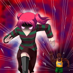1boy 1girl highres motion_lines racing rapama running shorts skirt striped_clothes sweat sweater tagme tank_top toriningen usain_bolt yume_nikki