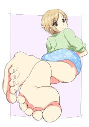 1girl aiba_yumi back barefoot blonde_hair brown_eyes feet foot_focus from_behind highres idolmaster idolmaster_cinderella_girls image_sample leafar looking_at_viewer looking_back lying on_stomach open_mouth short_hair smile soles toes twitter_sample