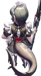 1girl absurdres bite_mark black_footwear black_hair black_pantyhose bow cross-laced_clothes cross-laced_dress dress ellen_joe fins fish_tail frilled_dress frills from_above from_behind full_body hair_ornament hairclip highres maid maid_headdress nape pantyhose ponaponyo profile red_bow red_eyes red_hair shark_girl shark_tail short_hair simple_background solo tail weapon white_background zenless_zone_zero