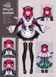 1girl absurdres apron black_ribbon black_shoes black_skirt black_sleeves blue_eyes blunt_bangs brooch center_frills chest_bow commentary_request crinoline crystal_wings detached_sleeves drill_hair drill_sidelocks earrings english_text fangs flower_earrings frilled_apron frilled_shirt frilled_sleeves frills full_body garter_straps green_skirt hair_ribbon halo highres hololive hololive_english irys_(hololive) irys_(maid)_(hololive) jewelry juliet_sleeves lace lace-trimmed_collar lace-trimmed_skirt lace_thighhighs lace_trim long_hair long_sleeves looking_at_viewer maid maid_apron maid_headdress mini_wings miniskirt multicolored_hair official_alternate_costume official_alternate_hairstyle official_art pocket_watch puffy_sleeves purple_eyes purple_hair purple_wings red_hair redjuice revision ribbon shirt shoes short_hair sidelocks skirt solo star-shaped_pupils star_(symbol) star_halo streaked_hair symbol-shaped_pupils thigh_strap thighhighs twin_drills variations virtual_youtuber watch white_apron white_shirt wide_sleeves wings