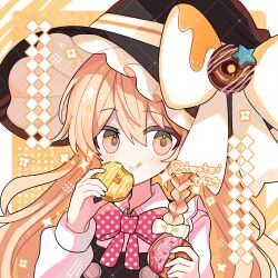 Rule 34 | 1girl, :q, black hat, black vest, blonde hair, blush, bow, bowtie, braid, closed mouth, collared shirt, commentary, donut, dot nose, food, frilled hat, frills, hair between eyes, hair bow, hands up, hat, hat bow, highres, holding, holding donut, holding food, kirisame marisa, long hair, long sleeves, looking at viewer, orange background, orange eyes, polka dot bowtie, portrait, red bow, red bowtie, shirocha tei, shirt, single braid, smile, solo, tongue, tongue out, touhou, twitter username, vest, white bow, white shirt