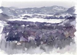 absurdres bare_tree day field grey_sky highres hill masuyama_osamu mountainous_horizon no_humans original painting_(medium) scenery sky snow traditional_media tree watercolor_(medium)