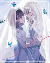 2girls blue_butterfly blush bridal_veil brown_hair bug butterfly closed_mouth commentary dress eye_contact female_focus girls_band_cry gloves grey_eyes grey_hair hamchan69 hand_on_another&#039;s_chest highres insect iseri_nina kawaragi_momoka long_hair looking_at_another multiple_girls see-through_clothes see-through_veil short_hair sleeveless sleeveless_dress smile veil wedding_dress white_dress white_gloves wife_and_wife yuri