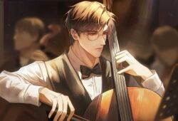 1boy black_bow black_bowtie black_vest blurry blurry_background bow bow_(music) bowtie brown_hair cello closed_mouth curtained_hair expressionless glasses highres holding holding_bow_(music) instrument light_and_night_love light_particles long_sleeves looking_at_object lu_chen male_focus music music_stand orchestra people playing_instrument red_eyes shirt short_hair swept_bangs traditional_bowtie upper_body vest white_shirt youshangdexianyuwangzi