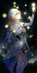 1girl absurdres bad_id bad_pixiv_id black_gloves blonde_hair breasts bug cleavage dress fingerless_gloves fireflies firefly flower genshin_impact gloves hair_flower hair_ornament highres huge_filesize insect lumine_(genshin_impact) night night_sky outdoors short_hair sky sleeveless sleeveless_dress small_breasts smile solo yellow_eyes