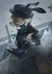 Rule 34 | 1girl, absurdres, bird, black dress, black hat, blue ribbon, bridge, clock print, dress, dutch angle, grey eyes, grey sky, grin, hair bun, hakama, hakama skirt, hat, hat ornament, highres, japanese clothes, juliet sleeves, kk kekong, long dress, long sleeves, neck ribbon, official alternate costume, outstretched hand, puffy sleeves, rabbit hat ornament, reverse:1999, ribbon, short hair, single side bun, skirt, sky, smile, solo, suspension bridge, upper body, vertin (reverse:1999)