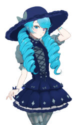 1girl alternate_costume black_hat blue_dress blush bow cowboy_shot dress drill_hair green_eyes green_hair grey_bow grey_shirt gwen_(league_of_legends) hat hat_bow highres layered_dress league_of_legends n2tat pantyhose puffy_short_sleeves puffy_sleeves shirt short_sleeves simple_background solo teeth twin_drills twintails white_background