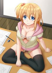 Rule 34 | 10s, 1girl, :3, black thighhighs, blonde hair, blue eyes, breasts, cleavage, collarbone, comic girls, commentary, english commentary, eraser, female focus, full body, hair between eyes, hair ornament, highres, hood, hood down, hoodie, kazenokaze, koizuka koyume, large breasts, looking at viewer, pencil, side ponytail, sitting, smile, solo, thighhighs