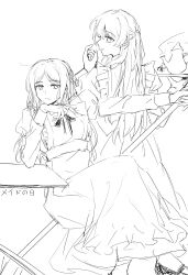 Rule 34 | 2girls, absurdres, apron, bang dream!, bang dream! it&#039;s mygo!!!!!, chihaya anon, chinese commentary, closed mouth, commentary request, dress, greyscale, highres, holding, holding tray, juliet sleeves, long hair, long sleeves, looking at viewer, maid, maid apron, maid day, monochrome, multiple girls, muonrei00, nagasaki soyo, puffy sleeves, sitting, teapot, tongue, tongue out, translated, tray