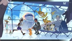 1girl 3boys aircraft airplane airport alolan_form alolan_meowth alolan_raichu bench black_footwear black_hair black_socks brown_footwear comfey creatures_(company) dark-skinned_male dark_skin day dress e_volution florian_(pokemon) galarian_form galarian_meowth game_freak gen_1_pokemon gen_7_pokemon gen_8_pokemon green_dress grey_jacket grey_pants hat jacket jet_airliner meowth multiple_boys nintendo pants pawmi pokemon pokemon_(creature) pokemon_sm pokemon_sv purple_shorts raichu reflection reflective_floor salvatore_(pokemon) sandygast selfie shirt shoes short_hair short_sleeves shorts sightseer_(pokemon) sitting socks standing sunglasses window