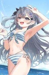 1girl bikini blue_nails breasts fang grey_eyes grey_hair highres hololive hololive_indonesia kanamirat long_hair navel ocean small_breasts striped_bikini striped_clothes swimsuit v vestia_zeta virtual_youtuber