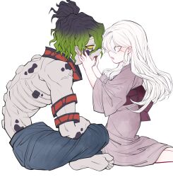 Rule 34 | 1boy, 1girl, absurdres, barefoot, blue eyes, blue pants, brother and sister, colored sclera, daki (kimetsu no yaiba), green hair, gyuutarou (kimetsu no yaiba), highres, indian style, japanese clothes, kimetsu no yaiba, kimono, long hair, looking at another, obi, open mouth, pants, pink kimono, rand (user cpvm2834), sash, siblings, simple background, sitting, toes, topless male, white background, white hair, yellow sclera