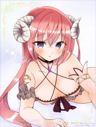 Rule 34 | 1girl, :o, arm strap, arm support, artist collaboration, bare shoulders, black bow, black choker, blue eyes, blush, bow, bow bra, bra, breasts, choker, commentary request, criss-cross halter, curled horns, demon girl, demon horns, eyelashes, eyes visible through hair, frilled arm strap, hair between eyes, halterneck, highres, hinocchio bkrk, horns, kiki minami, lace, lace-trimmed bra, lace trim, large breasts, long hair, looking at viewer, lying, official alternate costume, official alternate hairstyle, on side, open mouth, ozato fumika, pink bra, red hair, sidelocks, signature, simple background, solo, tenshi souzou re-boot!, twitter username, underwear, upper body, very long hair, watermark