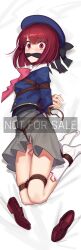 1girl absurdres arima_kana ball_gag bdsm beret blue_hat bob_cut bondage bound bound_legs cad_(caddo) cleave_gag cloth_gag commission full_body gag gagged grey_skirt hat highres improvised_gag incredibly_absurdres looking_at_viewer lying oshi_no_ko peril red_eyes red_hair restrained scared shibari shoes short_hair skirt solo watermark white_shoes