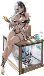 aliasing artist_request bikini black_bikini black_hair black_nails bracelet breasts cleavage display_case ear_piercing eyepatch_bikini flower_tattoo goddess_of_victory:_nikke highres jewelry jpeg_artifacts lace lace-trimmed_bikini lace_trim large_breasts long_hair multicolored_hair navel official_art orange_eyes piercing rosanna_(chic_ocean)_(nikke) rosanna_(nikke) sitting split-color_hair swimsuit tattoo thighlet white_hair wrist_tattoo