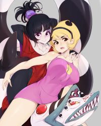 2girls absurdres beetlejuice black_lips blonde_hair breasts brown_eyes covered_navel crossover dress eyeshadow female_focus goth_fashion grey_background headband highres lipstick looking_at_viewer lydia_deetz makeup mandy_(grim_adventures) medium_breasts multiple_girls pink_dress ponytail purple_eyes sharp_teeth shiny_skin short_dress short_hair simple_background slugbox teeth the_grim_adventures_of_billy_&amp;_mandy trait_connection variant_set white_background