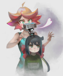 Rule 34 | 10s, 2girls, amanda o&#039;neill, blue eyes, blue hair, blush, constanze amalie von braunschbank-albrechtsberger, green eyes, hair ribbon, heart, highres, kiss, little witch academia, multicolored hair, multiple girls, orange hair, ponytail, red hair, ribbon, robot, shy, stanbot (little witch academia), surprised, two-tone hair, visqi, yuri