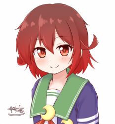 1girl artist_logo blue_jacket brown_hair crescent crescent_pin gradient_hair green_sailor_collar highres jacket kantai_collection logo looking_at_viewer multicolored_hair mutsuki_(kancolle) mutsuki_kai_ni_(kancolle) neckerchief one-hour_drawing_challenge red_eyes red_hair red_neckerchief sailor_collar school_uniform serafuku simple_background smile solo upper_body white_background zanne