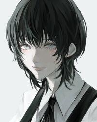 Rule 34 | 1girl, black hair, black ribbon, blue eyes, collared shirt, dress, eri (sayonara eri), highres, inuo (inuo x), light smile, looking at viewer, neck ribbon, pinafore dress, ribbon, sayonara eri, shirt, short hair, simple background, sleeveless dress, solo, white background
