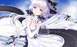Rule 34 | 1girl, absurdres, aircraft, airplane, artist name, azur lane, bare shoulders, biplane, blue sky, breasts, cleavage, day, detached collar, dress, elbow gloves, flight deck, gloves, hair ribbon, hat, highres, houmatsu, illustrious (azur lane), lace, lace-trimmed dress, lace-trimmed headwear, lace trim, large breasts, long hair, looking at viewer, outdoors, own hands together, purple eyes, ribbon, sky, sleeveless, sleeveless dress, solo, strapless, strapless dress, sun hat, tress ribbon, tri tails, very long hair, white dress, white gloves, white hair