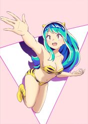 1girl bikini boots breasts cleavage collarbone commentary_request full_body green_hair hide12862152 highres horns long_hair lum medium_breasts multicolored_eyes navel open_mouth orange_eyes smile solo strapless strapless_bikini swimsuit urusei_yatsura video_crop yellow_bikini yellow_boots yellow_eyes