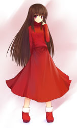 1girl alma_(f.e.a.r.) alma_wade animification bad_id bad_pixiv_id brown_hair dress f.e.a.r. female_focus highres long_hair niboss red_dress red_eyes solo