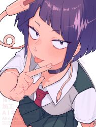 1girl audio_jack ayuda_ayutaro black_eyes black_hair blunt_bangs blush boku_no_hero_academia breasts choker finger_to_mouth highres jiro_kyoka long_earlobes looking_at_viewer looking_up medium_breasts purple_hair selfie shirt short_hair skirt solo tongue tongue_out v white_background