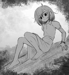 Rule 34 | 1girl, absurdres, aged down, ahoge, arm support, bare legs, barefoot, bracelet, cabronpr, closed mouth, collared shirt, commentary, dutch angle, english commentary, eyes visible through hair, feet, fingernails, flat chest, frilled sleeves, frills, frown, full body, greyscale, hair between eyes, hatching (texture), highres, jewelry, knees together feet apart, knees up, legs, looking at viewer, medium skirt, monochrome, no pupils, original, puffy short sleeves, puffy sleeves, rosemary (cabronpr), shirt, shirt tucked in, short hair, short sleeves, simple background, sitting, skirt, solo, toenails, white background