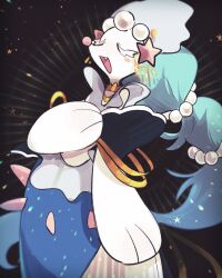 1girl animal_hands blue_hair closed_eyes colored_eyelashes earrings fang furry furry_female gen_7_pokemon gold_earrings gold_necklace highres jewelry long_hair mermaid monster_girl music necklace nintendo open_mouth pearl_hair_ornament pokemon pokemon_(creature) pokemon_focus primarina singing skin_fang solo sstoh white_eyelashes