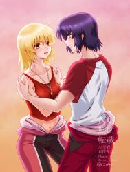 Rule 34 | 1boy, 1girl, :d, athrun zala, blonde hair, breasts, brown eyes, cagalli yula athha, closed mouth, collarbone, couple, day, eye contact, green eyes, gundam, gundam seed, hands on another&#039;s shoulders, hetero, highres, jewelry, koban (zouwqprlfvilaod), looking at another, medium breasts, midriff, navel, open mouth, outdoors, pendant, profile, purple hair, red shirt, red tank top, shirt, short hair, small breasts, smile, stomach, straight hair, t-shirt, tank top, watermark