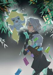 1boy absurdres armor bamboo_leaf black_gloves blue_eyes commentary_request crossover final_fantasy final_fantasy_vii final_fantasy_vii_ever_crisis floating gen_3_pokemon gloves grey_hair highres holding jirachi keiseki1 legendary_pokemon male_focus mythical_pokemon night nintendo open_mouth outdoors pauldrons pokemon pokemon_(creature) sephiroth sephiroth_(ever_crisis) short_hair shoulder_armor smile star_(sky) tanabata tanzaku