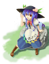 Rule 34 | 1girl, blue hair, female focus, food, fruit, hat, highres, hinanawi tenshi, hokamichi, leaf, peach, red eyes, solo, taji (crowview), touhou