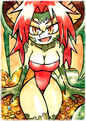 Rule 34 | 1girl, breasts, commission, dragon girl, dragon tail, gold, highres, horns, large breasts, long hair, looking at viewer, orange eyes, original, pixiv commission, red hair, scales, setz, sitting, smile, solo, tail, thick thighs, thighs, wings