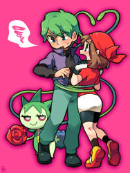 Rule 34 | 1boy, 1girl, bandana, bike shorts, blue eyes, blush, bound, brown hair, creatures (company), drew (pokemon), full body, game freak, gen 3 pokemon, green hair, may (pokemon), nintendo, pokemon, pokemon (anime), pokemon (creature), pokemon rse (anime), red bandana, red shirt, roselia (pokemon), shirt, smug, squiggle, sweat, tied up (nonsexual), tsunoji, vine whip