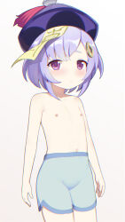 1girl absurdres blush closed_mouth coin_hair_ornament commentary genshin_impact hair_ornament highres jiangshi loli navel nipples orb purple_eyes purple_hair qiqi_(genshin_impact) qkracho_(thesdroz) simple_background standing white_background yin_yang yin_yang_orb