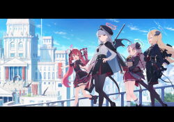 4girls :d ahoge akari_(blue_archive) architecture assault_rifle bag bird black_gloves black_horns black_jacket black_pantyhose black_skirt black_tail black_wings blue_archive blue_halo blue_sky braid brown_eyes burger curled_horns day demon_horns demon_wings food food_on_face from_side game_cg gehenna_academy_logo gloves gourmet_research_society_(blue_archive) grenade_launcher grey_hair gun h&amp;k_hk416 h&amp;k_psg1 hair_between_eyes hair_ornament hairclip halo haruna_(blue_archive) high-waist_skirt highres holding holding_burger holding_food horns izumi_(blue_archive) jacket jacket_on_shoulders junko_(blue_archive) letterboxed long_hair long_sleeves looking_at_viewer m320 machine_gun mg3 multiple_girls necktie non-web_source official_art on_stairs open_clothes open_jacket open_mouth outdoors over_shoulder pantyhose paper_bag plaid_clothes plaid_skirt pleated_skirt pointing pointy_ears railing red_eyes red_hair red_halo red_necktie red_skirt rifle shirt short_sleeves side_braid single_wing skirt sky smile sniper_rifle stairs stg44 thigh_strap twintails underbarrel_grenade_launcher walking weapon weapon_on_back weapon_over_shoulder white_shirt wings yellow_halo