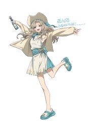 Rule 34 | 1girl, badassmoggy, bottle, hat, highres, holding, holding bottle, matilda bouanich, outstretched arms, reverse:1999, sandals, sleeves past wrists, straw hat, white background