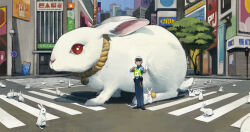 1boy animal belt building choidomart city crosswalk day full_body gloves hand_up helmet highres lamppost original outdoors oversized_animal pants police police_uniform rabbit red_eyes road road_sign shirt shoes short_hair short_sleeves sign skyline skyscraper standing street traffic_light tree whistle white_gloves