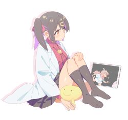 1girl absurdres black_hair black_skirt black_socks bolo_tie brown_eyes c: commentary full_body hair_ornament hair_ribbon hairclip hand_on_own_knee highres karubi_(karubi465558) kneehighs lab_coat light_blush medium_hair multicolored_hair no_shoes onii-chan_wa_oshimai! oyama_mahiro oyama_mihari pleated_skirt purple_hair red_ribbon red_shirt ribbon shirt simple_background sitting skirt smile socks solo stuffed_toy tablet_pc twintails two-tone_hair white_background