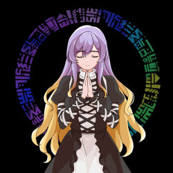 1girl black_background blonde_hair breasts closed_eyes closed_mouth cowboy_shot cross-laced_clothes dragonfam dress facing_viewer gradient_hair hijiri_byakuren large_breasts layered_dress light_smile long_hair long_sleeves multicolored_hair own_hands_together partially_colored praying puffy_sleeves purple_hair simple_background smile sorcerer&#039;s_sutra_scroll straight-on touhou turtleneck two-tone_hair upper_body very_long_hair