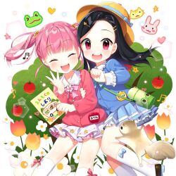 2girls :d ^_^ akane_garnet animal apple artist_name baby_animal backpack bad_link bag beamed_eighth_notes beamed_sixteenth_notes bird black_hair blue_shirt blue_skirt blush bow cat cherry chick child clarice_lapis closed_eyes collared_shirt dog dress eggplant eighth_note fang flower food frilled_skirt frills fruit hair_ornament hairclip happy hat heart holding hug hug_from_behind jacket kindergarten_uniform kneehighs layered_skirt locked_arms long_hair long_sleeves looking_at_viewer mandarin_orange multiple_girls musical_note open_mouth parted_bangs pink_hair pink_shirt pleated_skirt quarter_note rabbit rainbow randoseru red_eyes red_flower ribbon round_teeth sailor_collar salt_(salty) school_uniform shirt short_hair skirt smile socks spoken_heart squirrel standing star_(symbol) star_hair_ornament strawberry striped_background teeth thick_eyebrows thighhighs tomato twintails uchi_no_hime-sama_ga_ichiban_kawaii unworn_hat unworn_headwear upper_teeth_only white_shirt