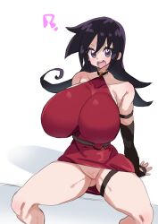 1girl ? absurdres akan_mori alternate_breast_size armlet bare_shoulders black_hair breasts collarbone duel_masters elbow_gloves female_focus functionally_nude gloves highres huge_breasts jewelry long_hair looking_at_viewer open_mouth pussy sitting spread_legs tasogare_mimi thigh_strap thighs tongue