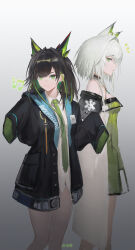 2girls absurdres amiya_(arknights) amiya_(arknights)_(cosplay) animal_ears arknights bare_shoulders beamed_eighth_notes black_coat black_hair bright_pupils chinese_commentary closed_mouth coat commentary_request cosplay cowboy_shot eighth_note gradient_background green_eyes green_hair green_necktie grey_background grey_hair highres kal&#039;tsit_(arknights) lingear medium_hair mon3tr_(arknights) multiple_girls musical_note necktie notice_lines parted_lips profile sleeves_past_fingers sleeves_past_wrists smile standing watermark white_pupils